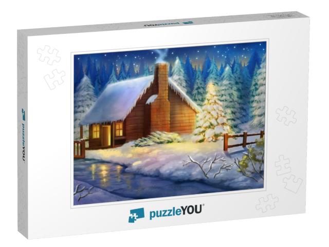 Christmas Night Winter Warm Cabin. Snow Land. Fantasy Bac... Jigsaw Puzzle