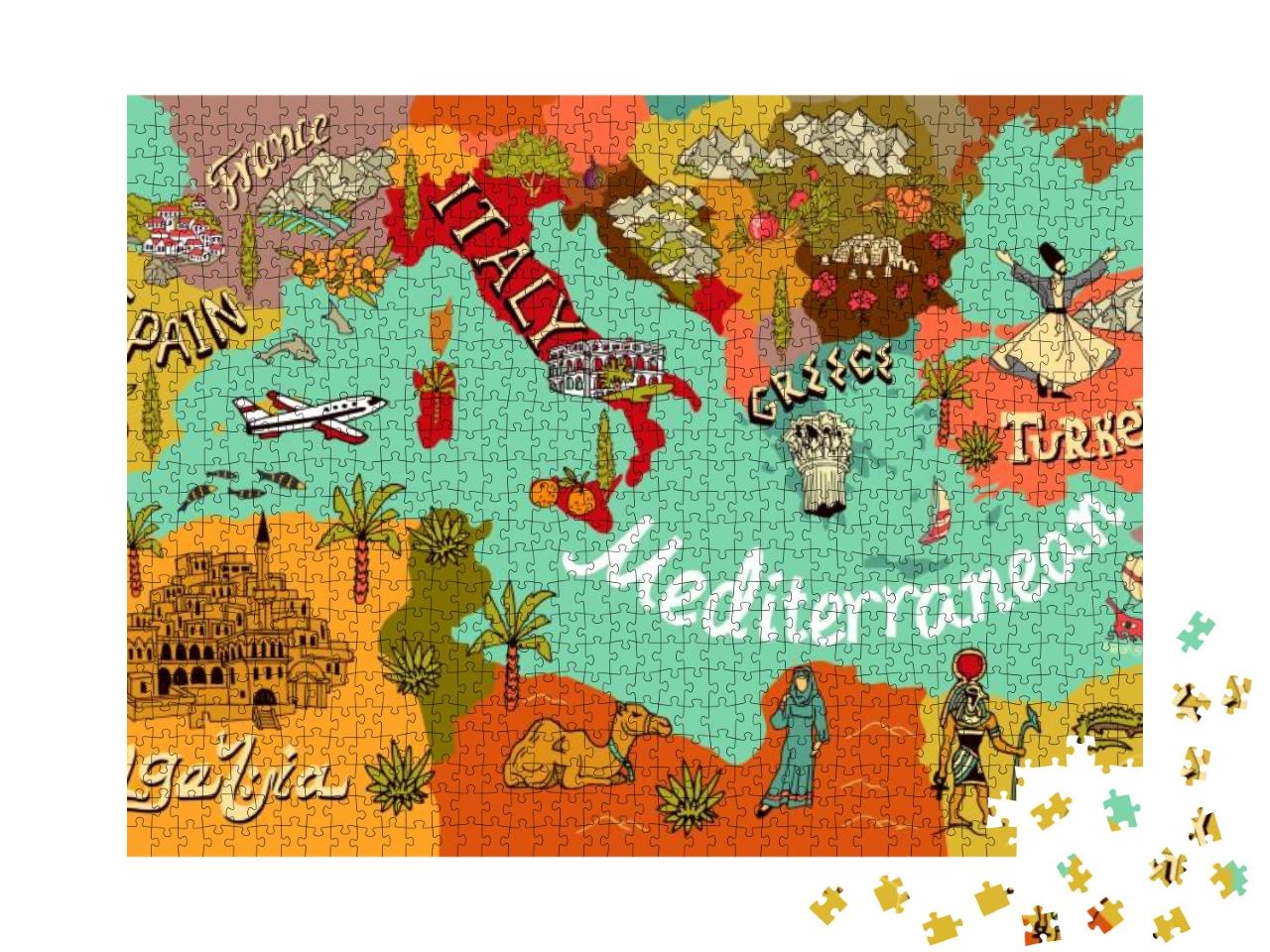 Illustrated Map of Mediterranean. Travel & Attractions... Jigsaw Puzzle with 1000 pieces