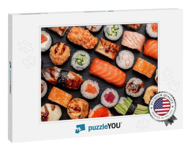 Assorted Sushi Nigiri & Maki Big Set on Slate. a Variety... Jigsaw Puzzle
