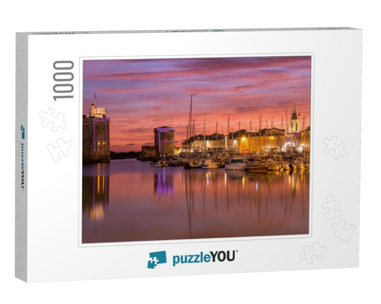 Harbor by Night with Beautiful Sunset in La Rochelle Town... Jigsaw Puzzle with 1000 pieces